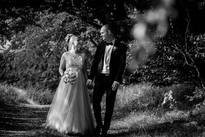 Brudepar går i skoven